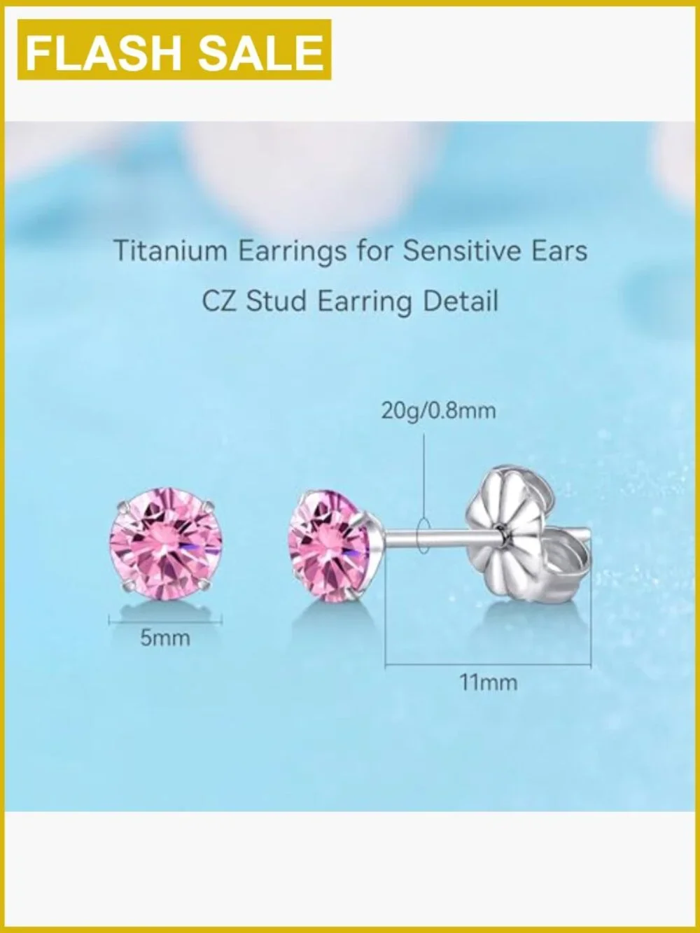 Hypoallergenic Titanium Stud Earrings with CZ Diamonds, Sensitive Ears